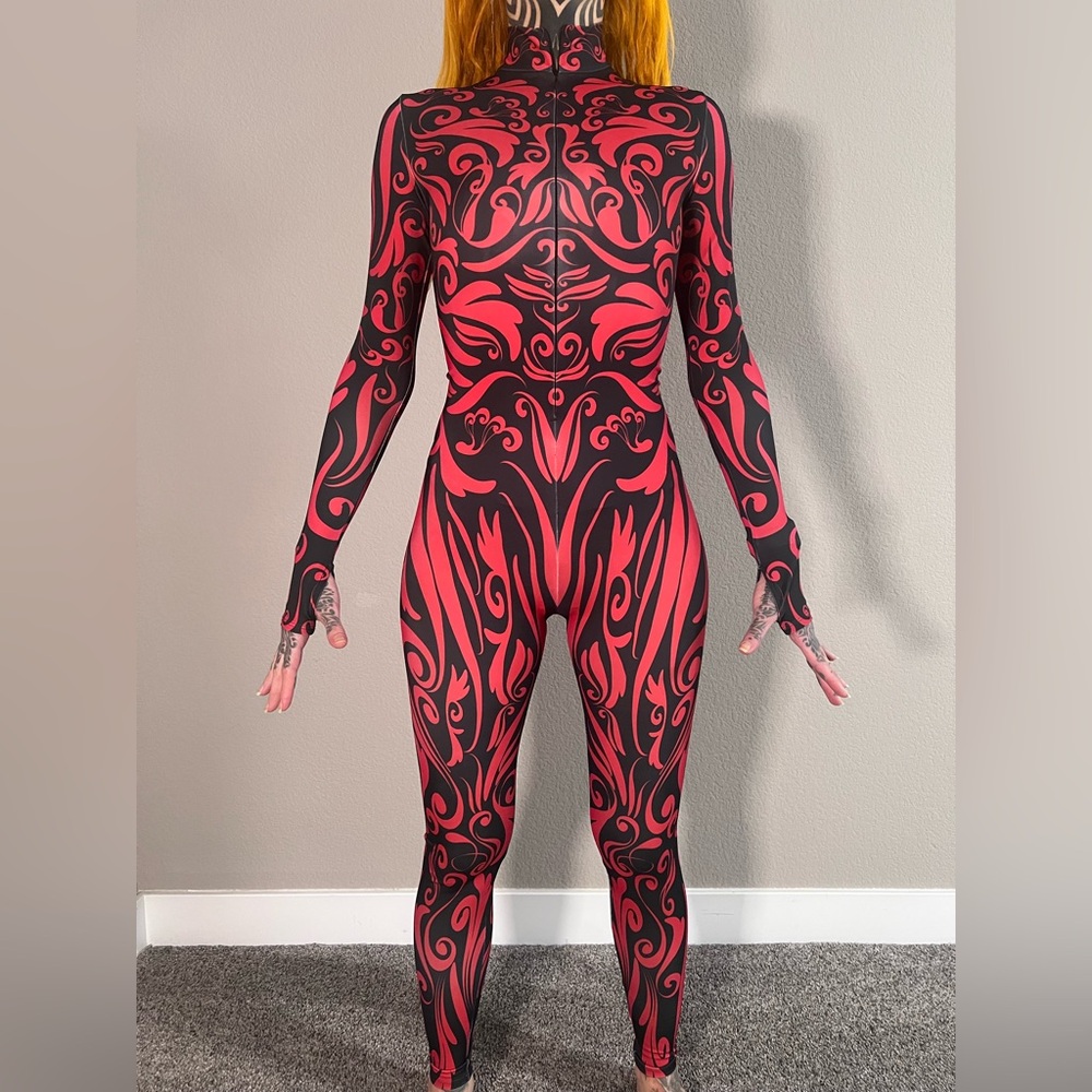 black and red bodysuit with all over Print